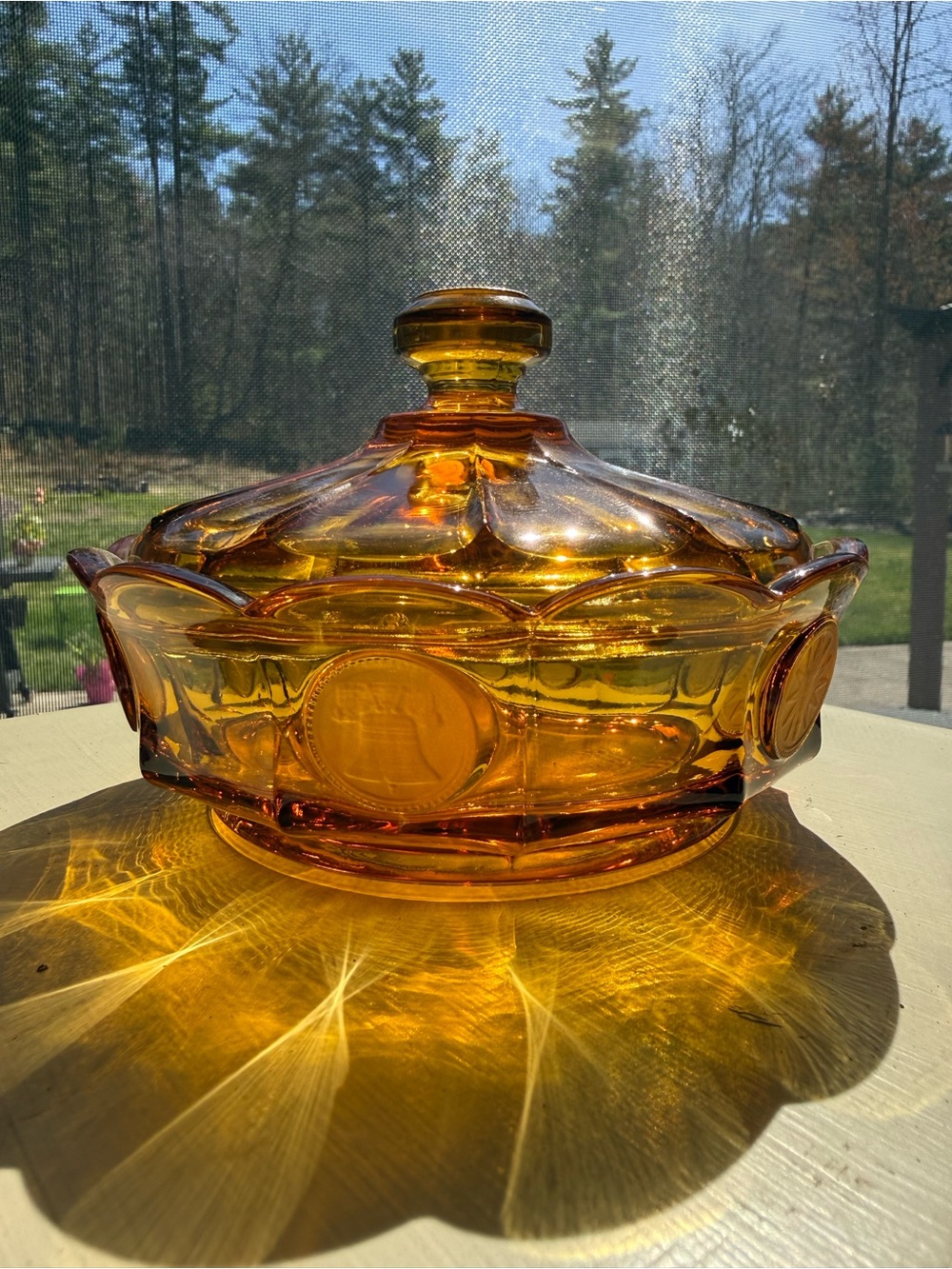 Vintage Fostoria Amber Glass Lidded Coin Candy Dish